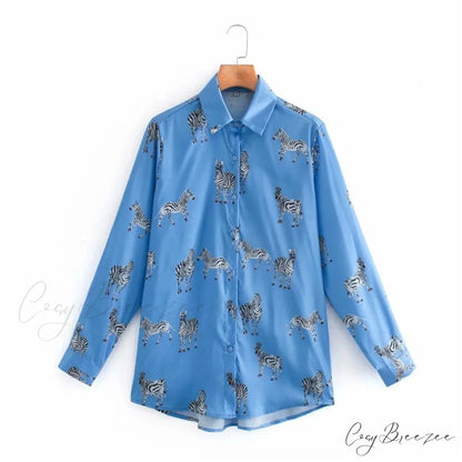 with Satin Blouse Design Arm - Long Women’s Zebra Top Blue / XS