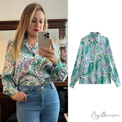 with Satin Blouse Design Arm - Long Women’s Zebra Top Dark Green / XS