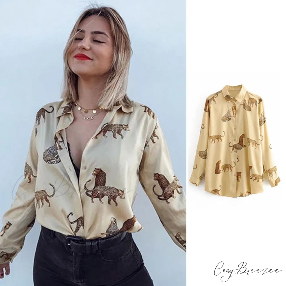 with Satin Blouse Design Arm - Long Women’s Zebra Top Gold / XS