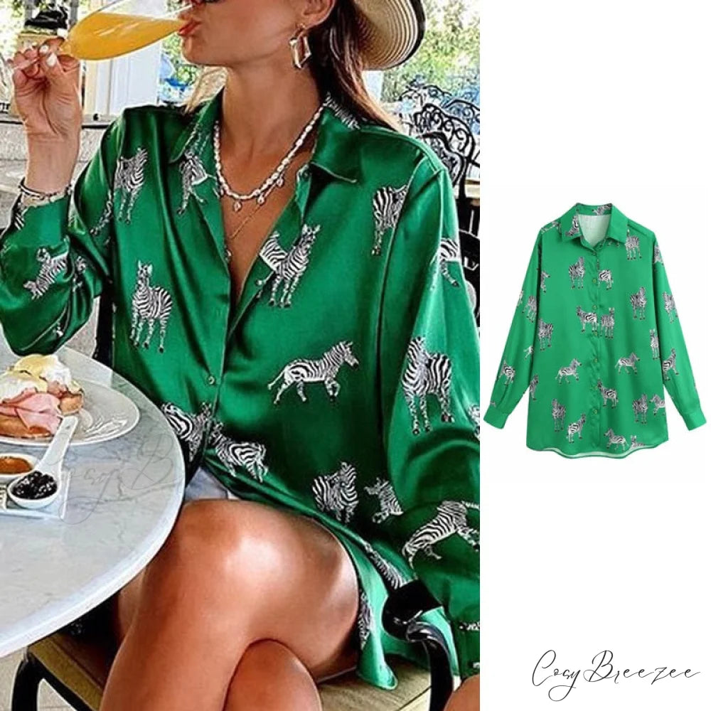 with Satin Blouse Design Arm - Long Women’s Zebra Top green / XS
