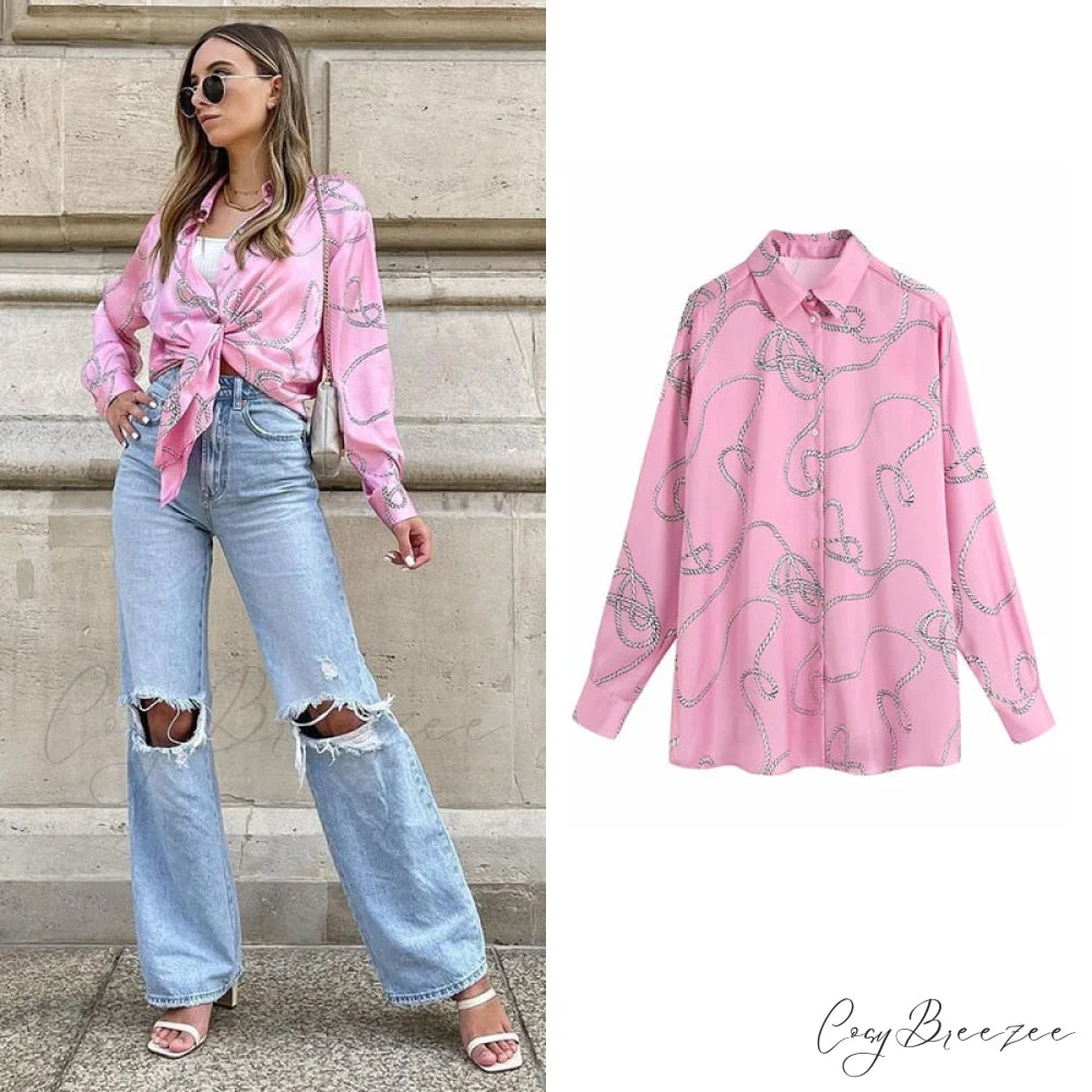 with Satin Blouse Design Arm - Long Women’s Zebra Top Pink-03 / XS