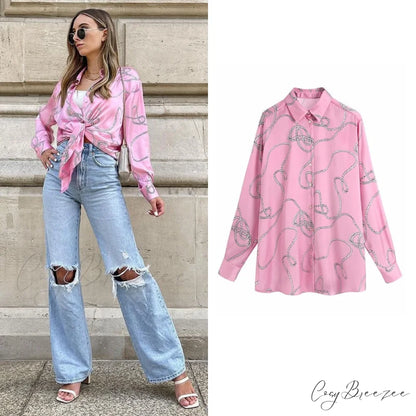 with Satin Blouse Design Arm - Long Women’s Zebra Top Pink-03 / XS
