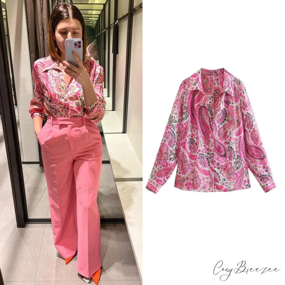 with Satin Blouse Design Arm - Long Women’s Zebra Top Pink / XS