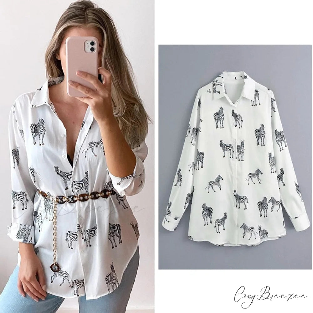 with Satin Blouse Design Arm - Long Women’s Zebra Top white / XS