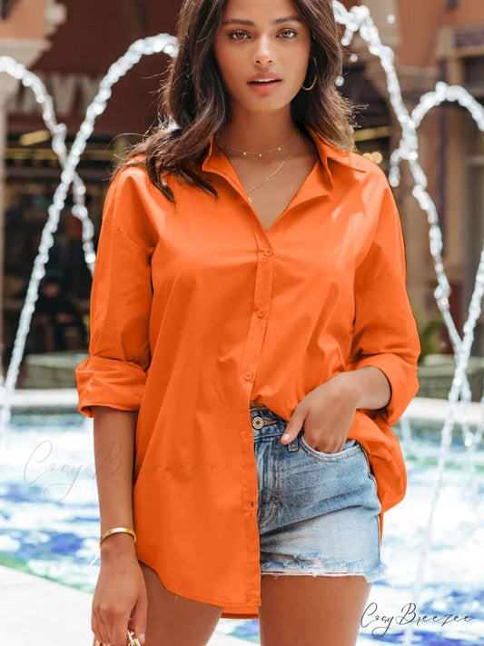 with Spring Blouse - Cotton Top Neckline Blouse Women’s Colors Candy and Long 2024 Turn-down Elegant Sleeves