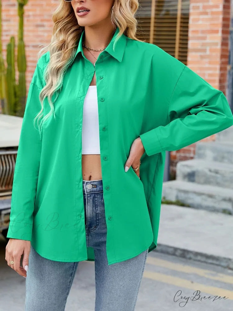with Spring Blouse - Cotton Top Neckline Blouse Women’s Colors Candy and Long 2024 Turn-down Elegant Sleeves Green / S