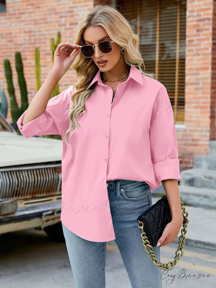 with Spring Blouse - Cotton Top Neckline Blouse Women’s Colors Candy and Long 2024 Turn-down Elegant Sleeves Pink / S