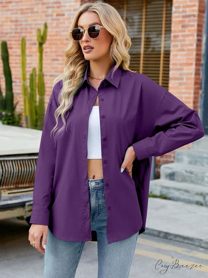 with Spring Blouse - Cotton Top Neckline Blouse Women’s Colors Candy and Long 2024 Turn-down Elegant Sleeves Purple / S