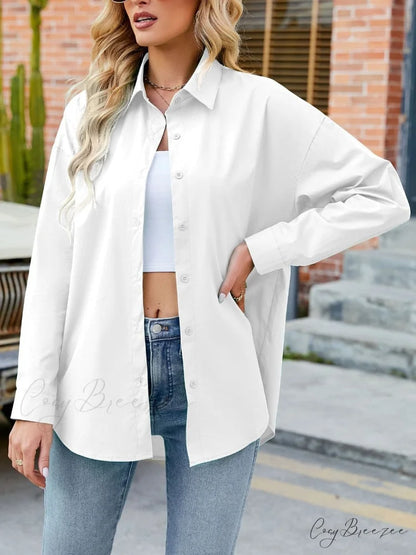 with Spring Blouse - Cotton Top Neckline Blouse Women’s Colors Candy and Long 2024 Turn-down Elegant Sleeves White / S