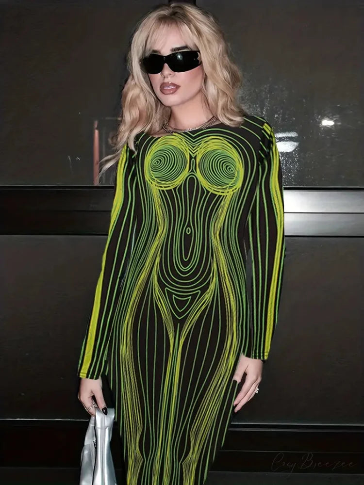 with Striped Long Body Shape Out Design Gown Cut Sleeves S / Green