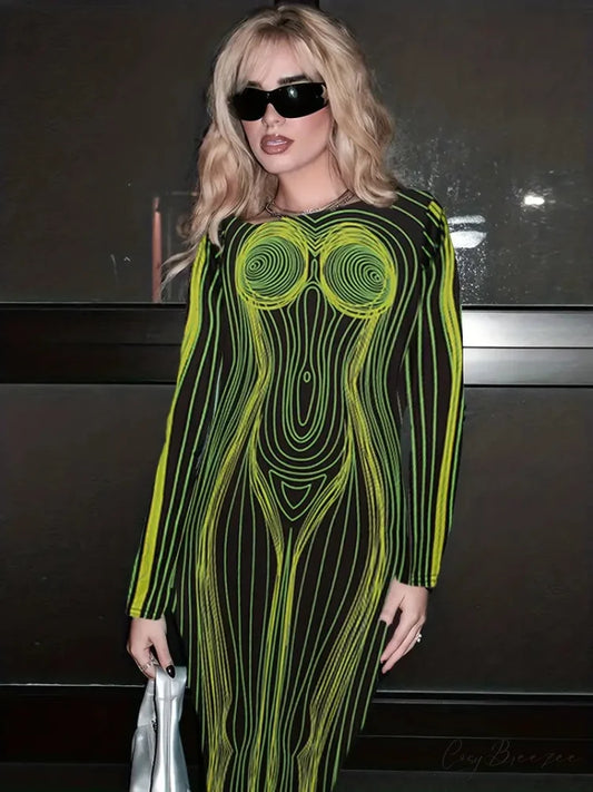with Striped Long Body Shape Out Design Gown Cut Sleeves S / Green