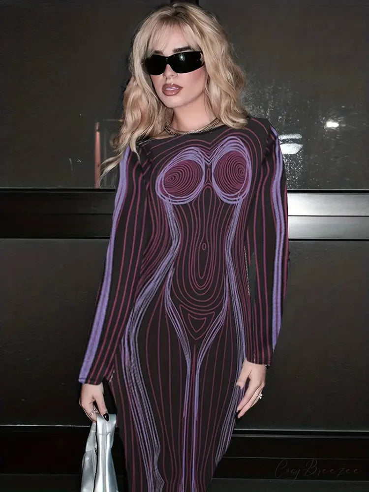 with Striped Long Body Shape Out Design Gown Cut Sleeves S / Purple