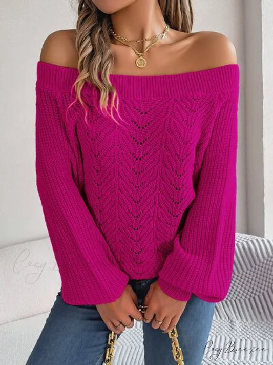 with Sweater Arm Long Openwork Off-Shoulder Design Cerise / S