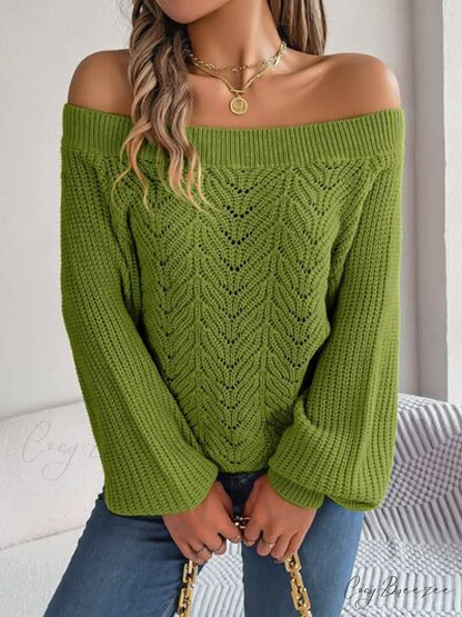 with Sweater Arm Long Openwork Off-Shoulder Design Moss / S