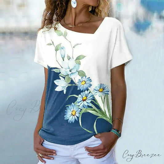 with T-Shirt Design Flowered Contrast Blue / S