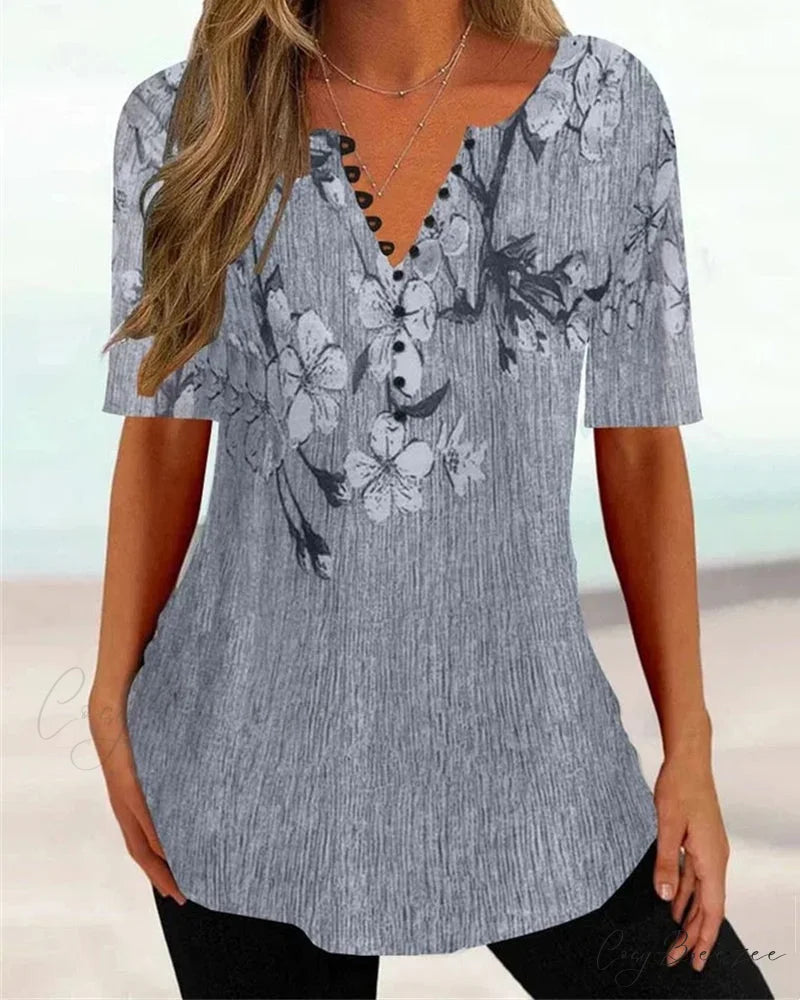 with T-shirt V-neck short printed sleeves Gray / S