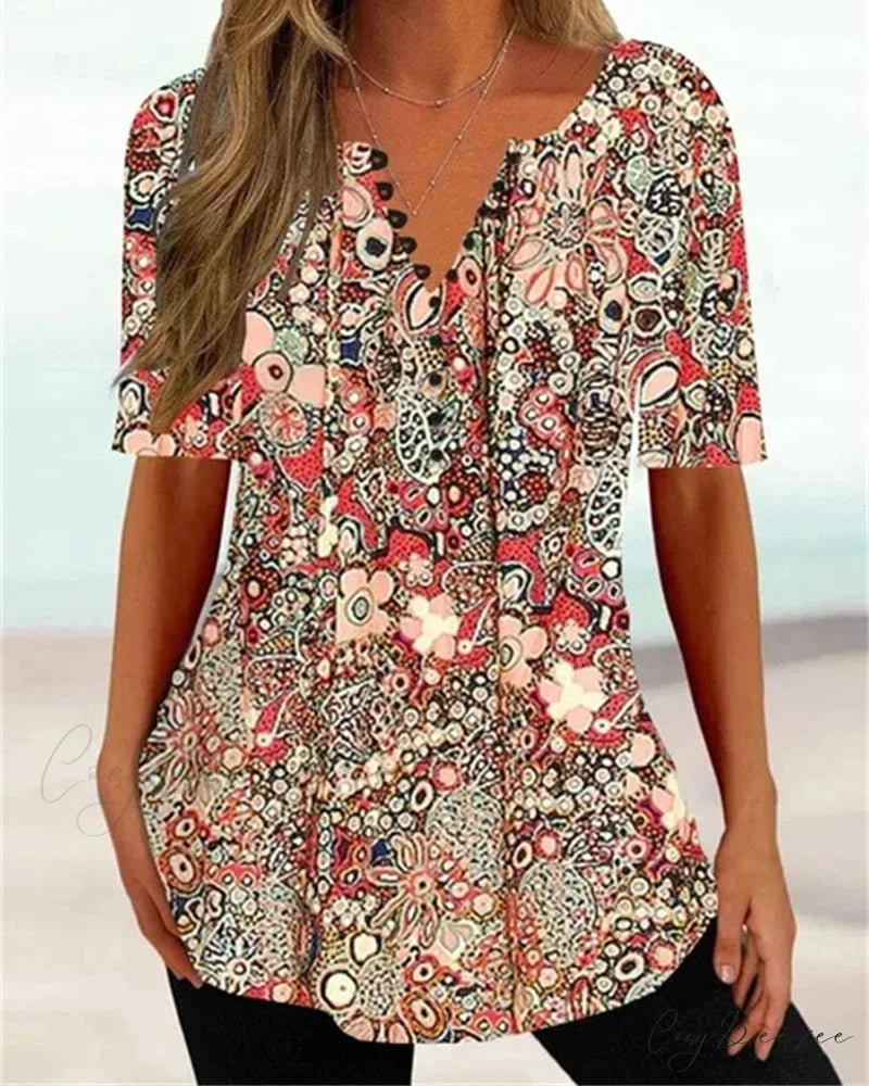 with T-shirt V-neck short printed sleeves Khaki / S