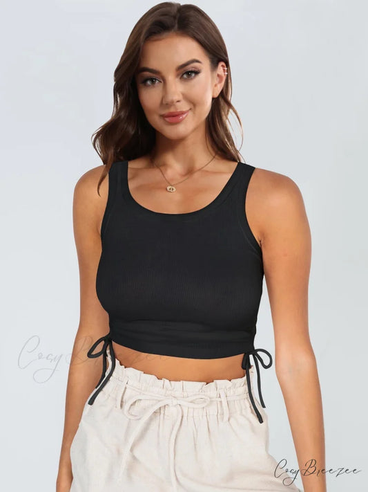 with Tank Round Neck Ruched Drawstring Black / S