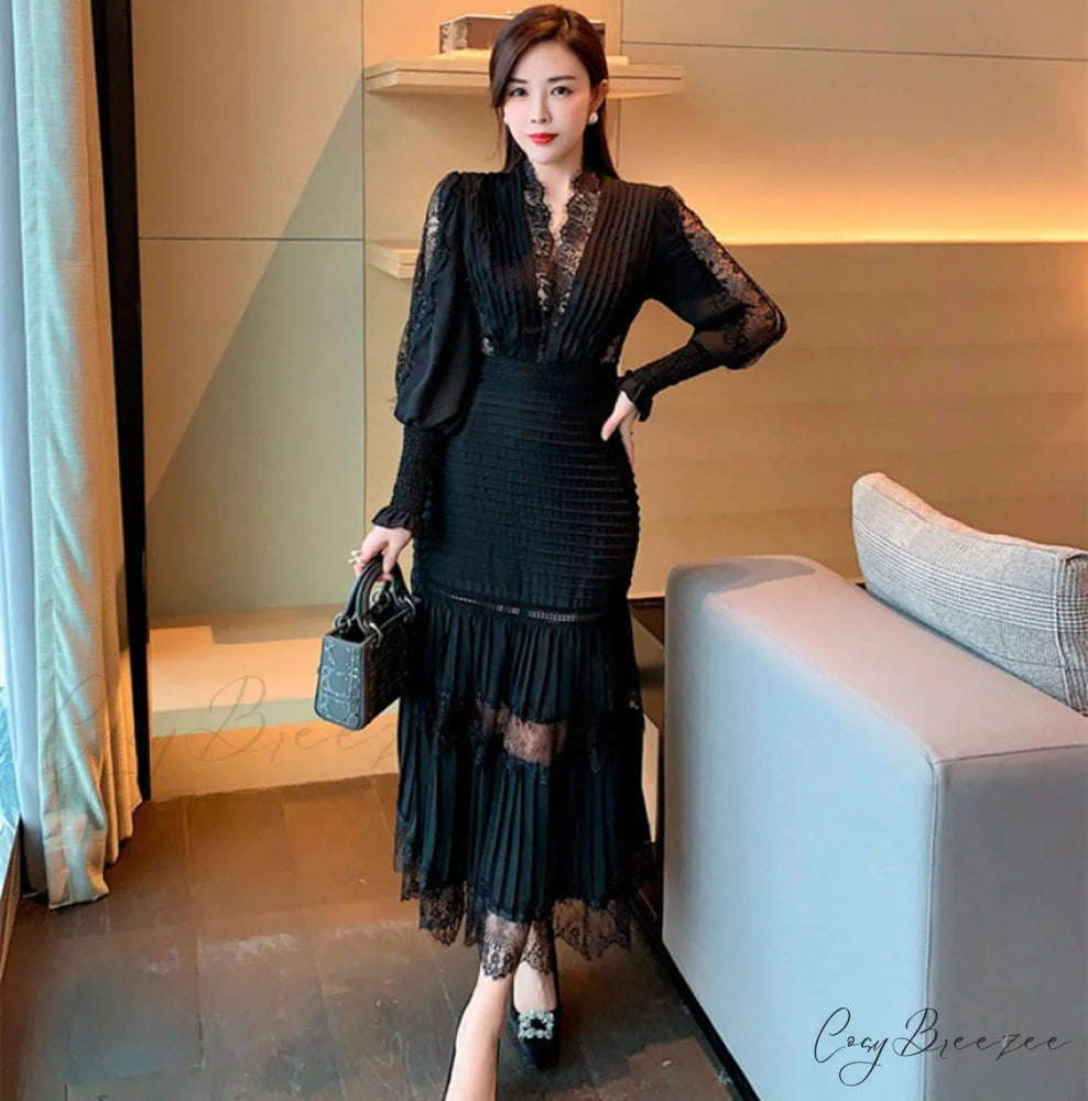 with V and Lantern Fashion Runway Neck Party Gown Folded Women’s Sleeves BLACK / S