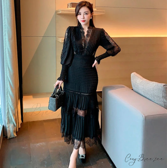 with V and Lantern Fashion Runway Neck Party Gown Folded Women’s Sleeves BLACK / S