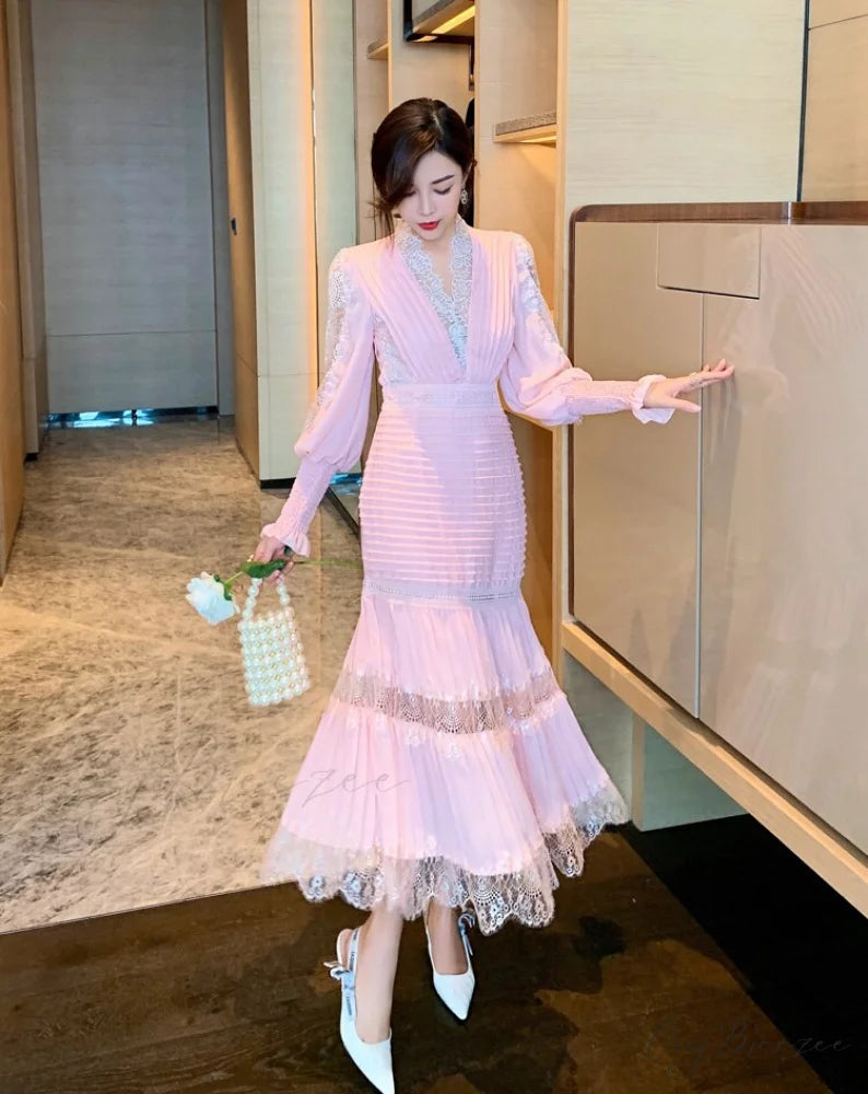 with V and Lantern Fashion Runway Neck Party Gown Folded Women’s Sleeves Pink / S