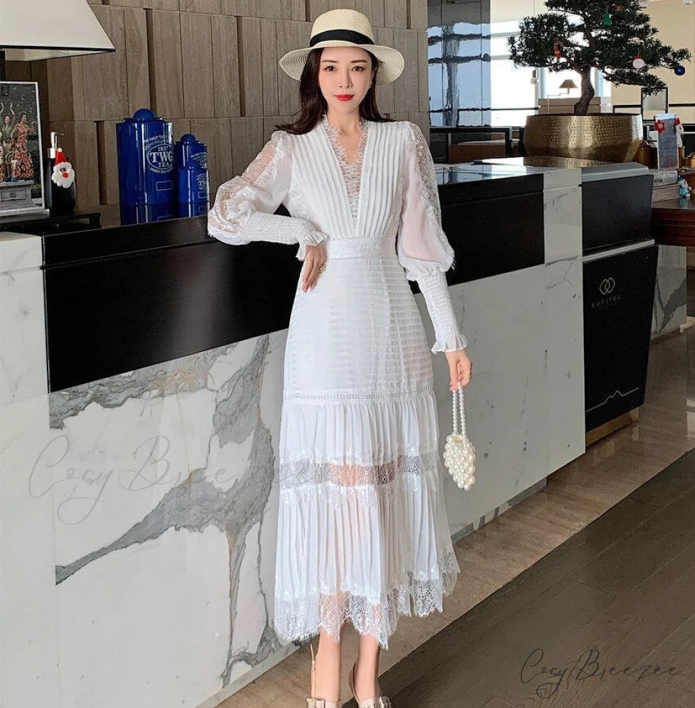 with V and Lantern Fashion Runway Neck Party Gown Folded Women’s Sleeves White / S