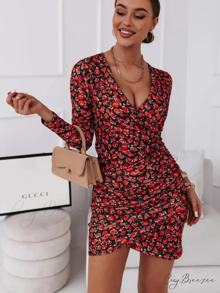 with V Flower Slim Gown Design Cross Women’s New Neck