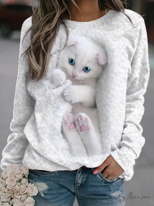 with Women’s and Pullover Long Street Cat White Neck Round Sweatshirt Sleeves White / S