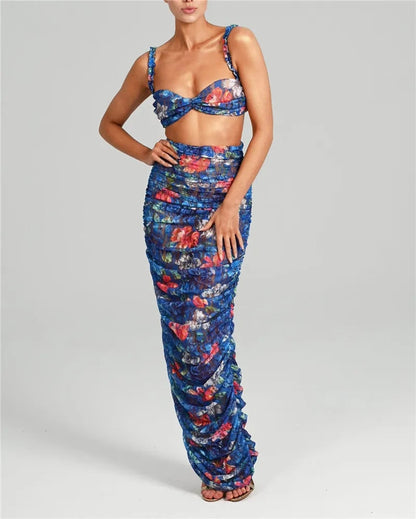 Alyssa Strapless Ruched Print Sexy Top And Skirt Set