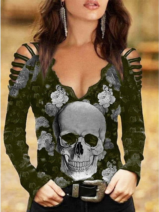 Women's Flowered Off Skull Design Arm Black Painting Regular Cut Out Going Shoulder Blouse Burgundy Tops Neck Basic Tee Fit Halloween Blue Flowered Wine Out Blouse Long Weekend Casual V Cold