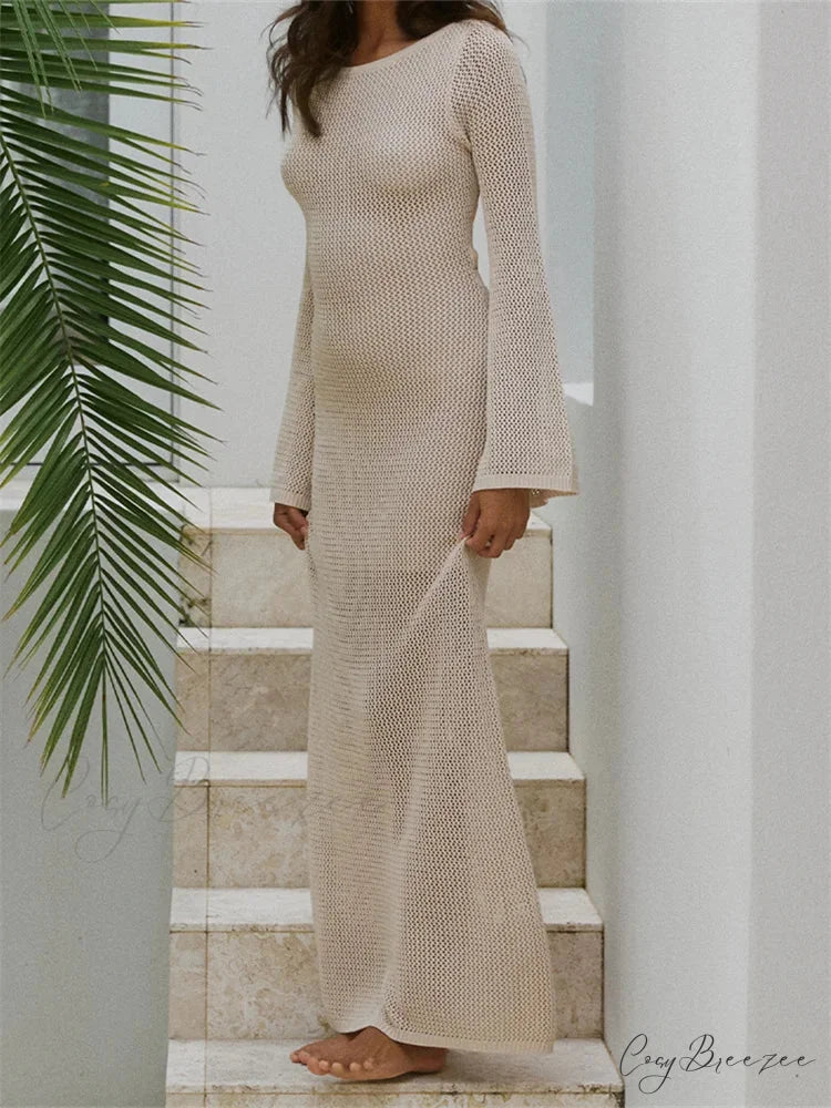 Women Autumn Knitted Solid Sleeve Round Neck Backless Tie-Up Slim Party Beach Female Vestidos