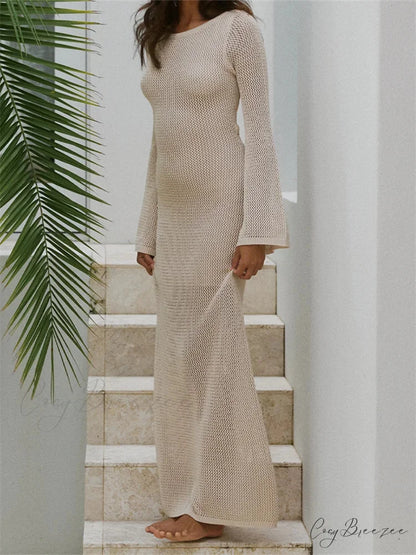 Women Autumn Knitted Solid Sleeve Round Neck Backless Tie-Up Slim Party Beach Female Vestidos