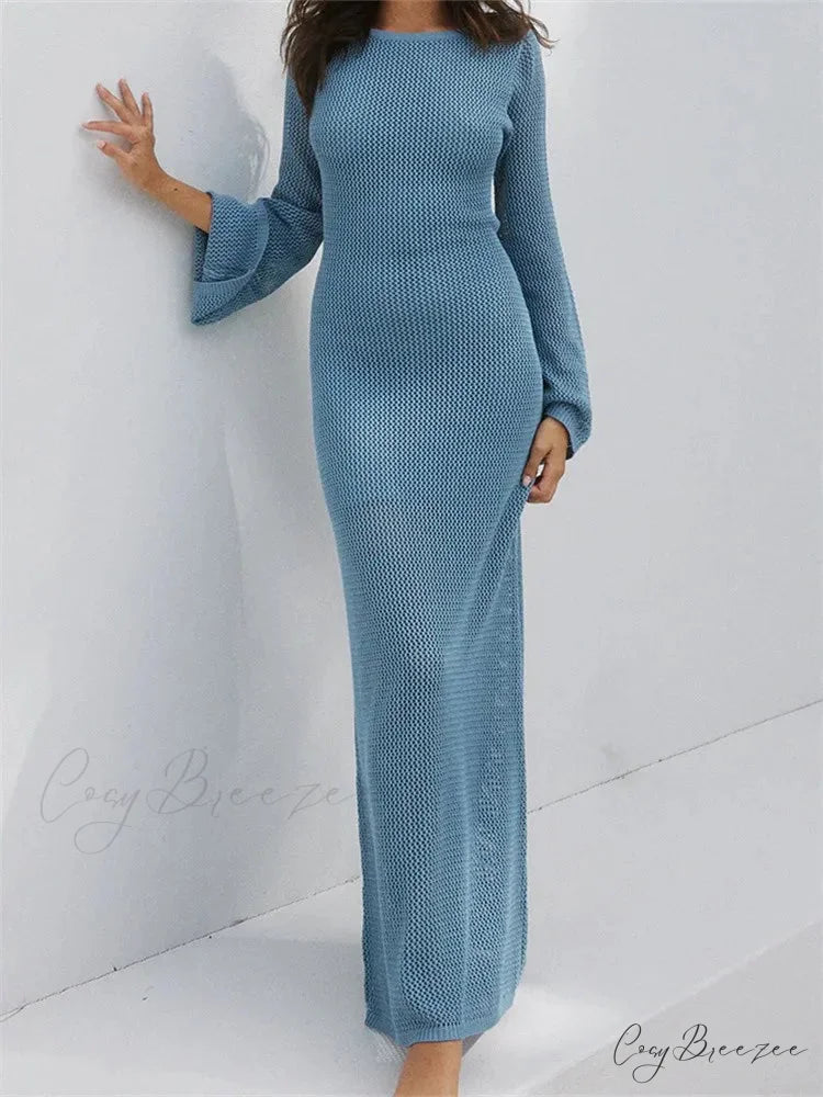 Women Autumn Knitted Solid Sleeve Round Neck Backless Tie-Up Slim Party Beach Female Vestidos