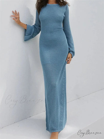 Women Autumn Knitted Solid Sleeve Round Neck Backless Tie-Up Slim Party Beach Female Vestidos