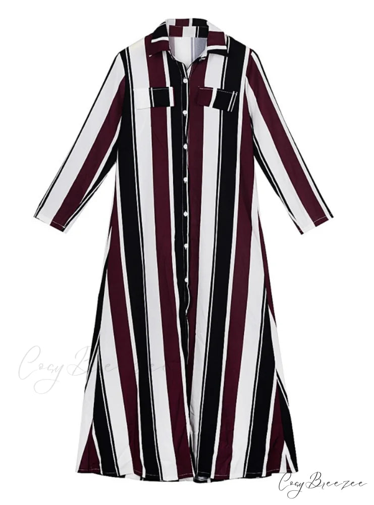 WOMEN AUTUMN SPRING STRIPE MAXI DRESS - LONG SLEEVE M / PURPLE