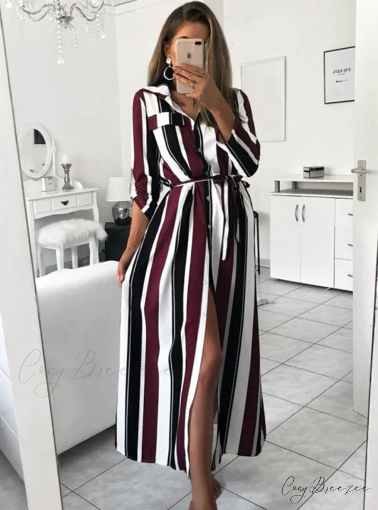 WOMEN AUTUMN SPRING STRIPE MAXI DRESS - LONG SLEEVE S / BLACK