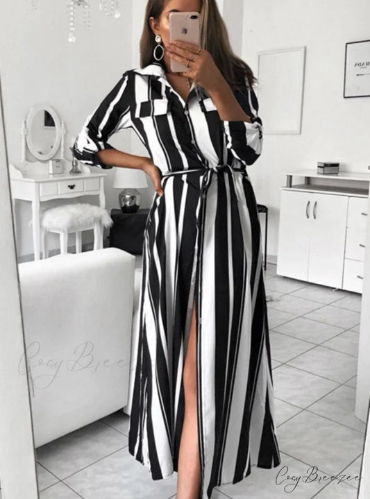 WOMEN AUTUMN SPRING STRIPE MAXI DRESS - LONG SLEEVE S / PURPLE
