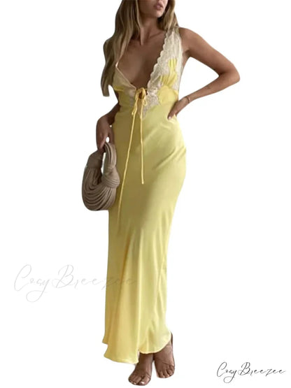 Women Backless Sexy Floral Print Sleeveless Lace V-neck Cocktail Slim Spaghetti Strap Vestidos Party YELLOW / S
