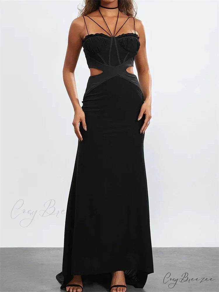 Women Black Halter Sleeveless Slim Waist Hollow Out Spaghetti Strap Evening Summer Female Vestidos