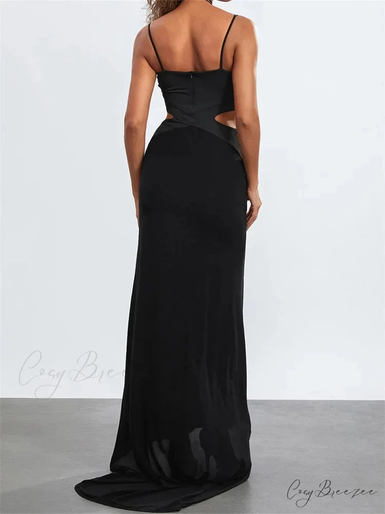 Women Black Halter Sleeveless Slim Waist Hollow Out Spaghetti Strap Evening Summer Female Vestidos