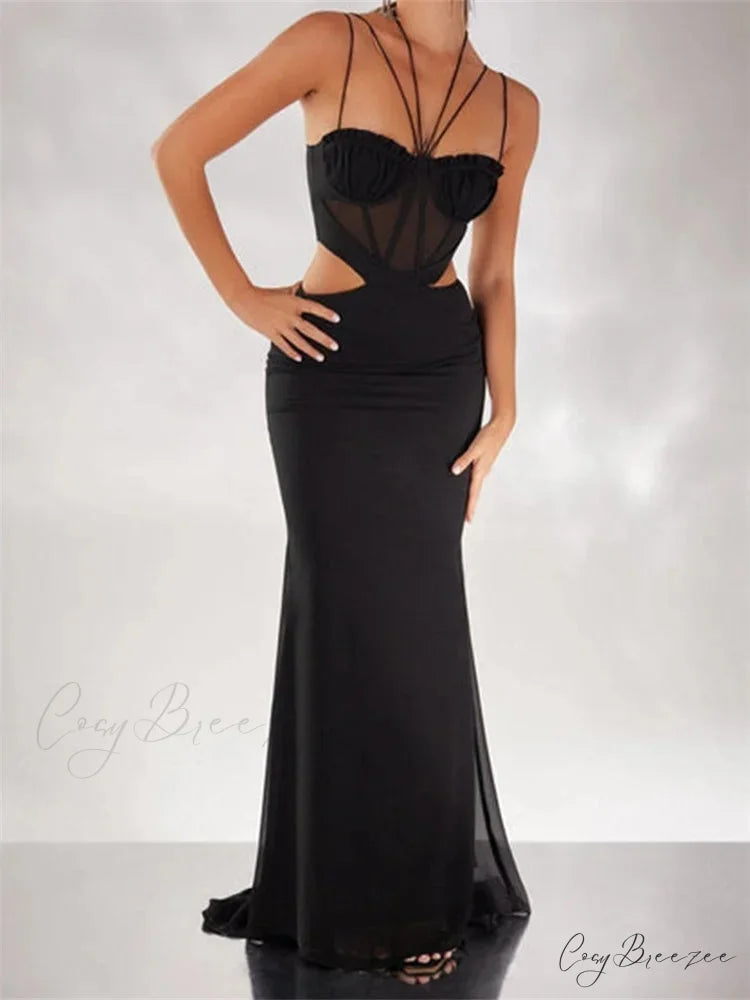Women Black Halter Sleeveless Slim Waist Hollow Out Spaghetti Strap Evening Summer Female Vestidos BLACK / S