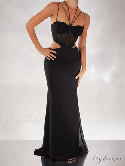 Women Black Halter Sleeveless Slim Waist Hollow Out Spaghetti Strap Evening Summer Female Vestidos BLACK / S