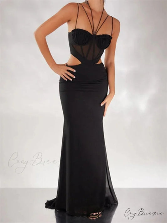 Women Black Halter Sleeveless Slim Waist Hollow Out Spaghetti Strap Evening Summer Female Vestidos BLACK / S