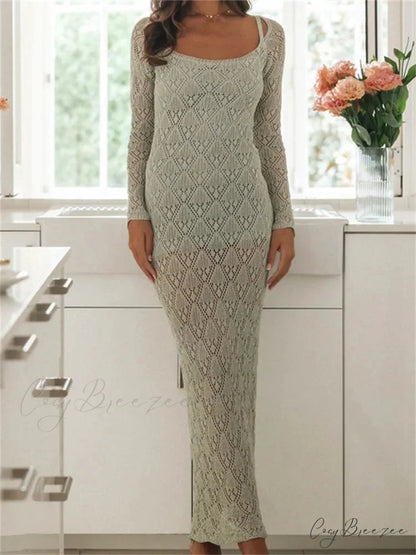 Women Bodycon Lace See Through Hollow Out O-neck Sleeve Back Split Party Female Vestidos