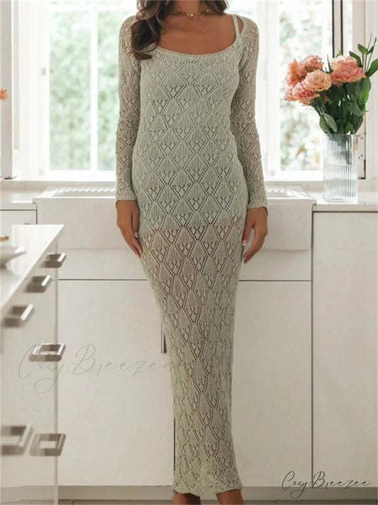 Women Bodycon Lace See Through Hollow Out O-neck Sleeve Back Split Party Female Vestidos