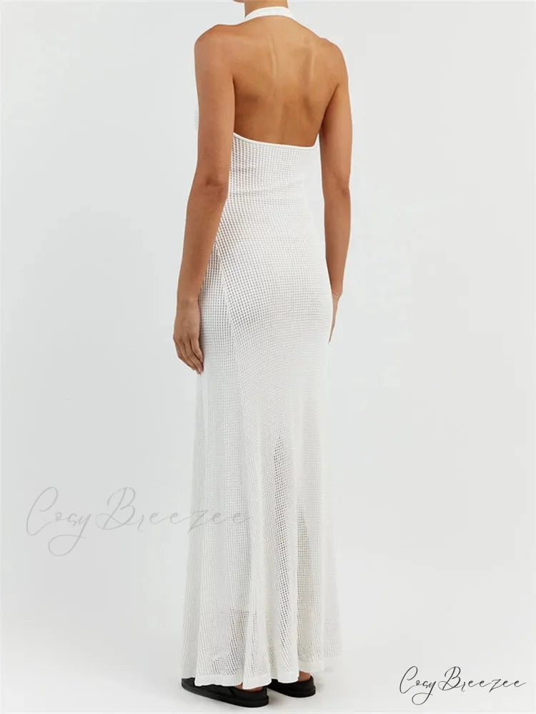 Women Bodycon Solid Deep V Neck Halter Sleeveless Backless Knitted Summer Holiday Beach Vestido