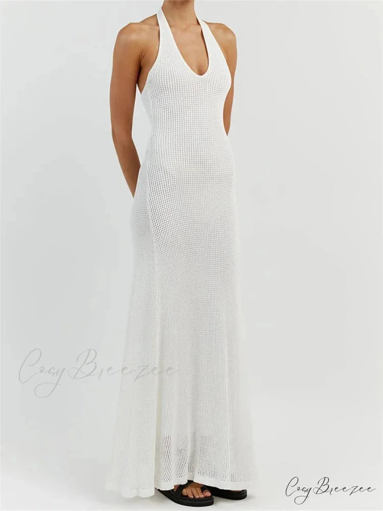 Women Bodycon Solid Deep V Neck Halter Sleeveless Backless Knitted Summer Holiday Beach Vestido