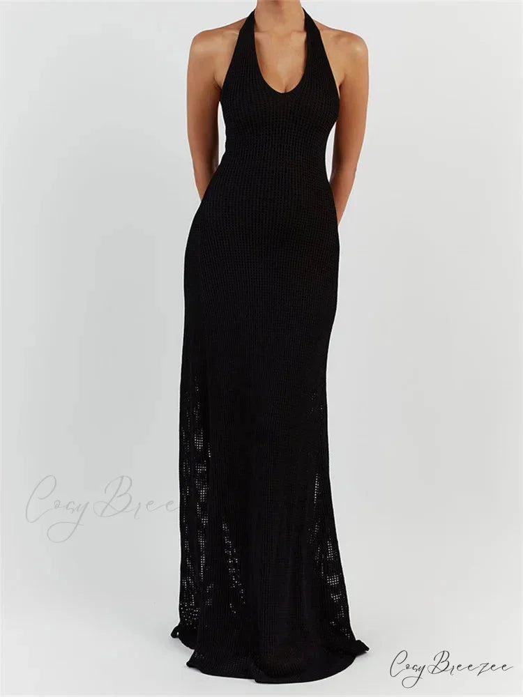 Women Bodycon Solid Deep V Neck Halter Sleeveless Backless Knitted Summer Holiday Beach Vestido