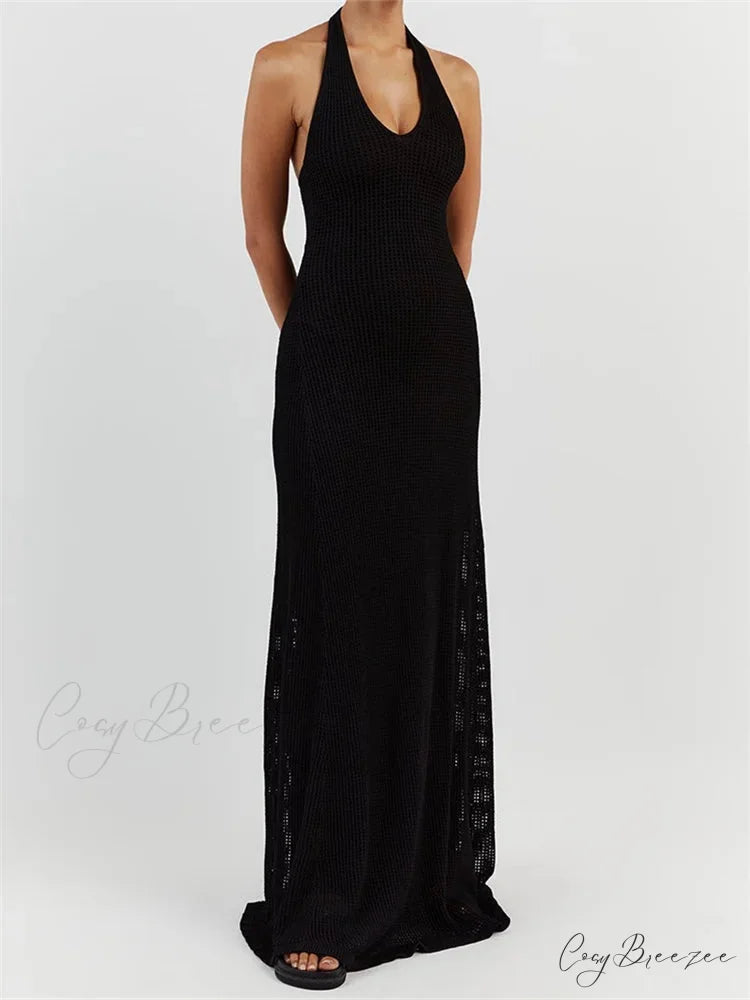 Women Bodycon Solid Deep V Neck Halter Sleeveless Backless Knitted Summer Holiday Beach Vestido BLACK / S