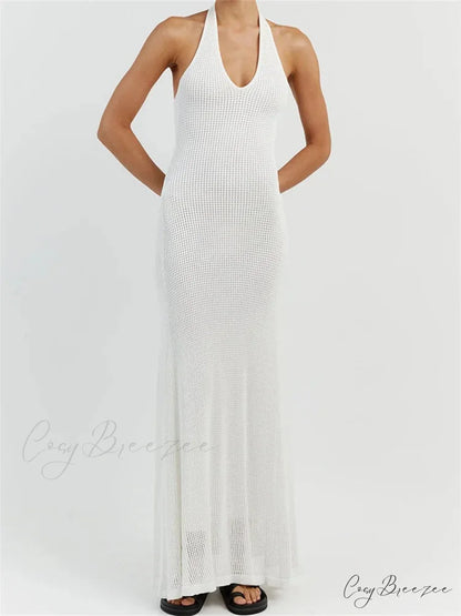 Women Bodycon Solid Deep V Neck Halter Sleeveless Backless Knitted Summer Holiday Beach Vestido WHITE / S